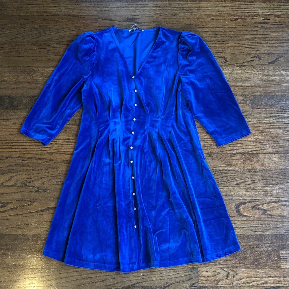 Rowen Avenue Blue Velvet Rhinestone Pleated Stretch Vintage Martha Dress - Picture 2 of 7
